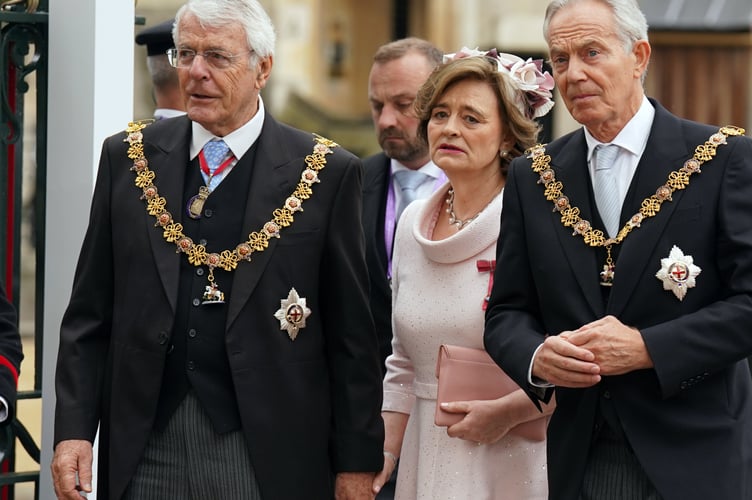 Former prime ministers John Major and Tony Blair with his wife Cherie as they arrive at Westminster Abbey, central London, ahead of the coronation ceremony of King Charles III and Queen Camilla.

Picture date: Saturday May 6, 2023. PA Photo. See PA story ROYAL Coronation. Photo credit should read: Andrew Milligan/PA Wire