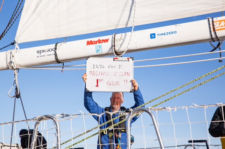 Eric Froggatt celebrates on board