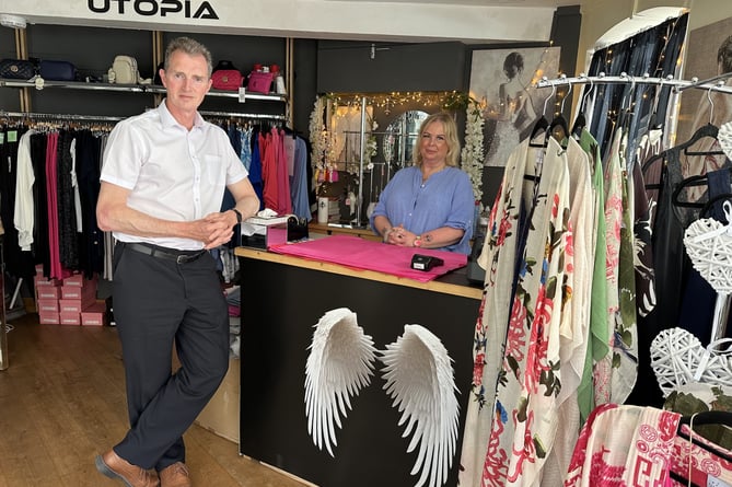 David Davies MP with Natalie Davies at Utopia Boutique in Chepstow.