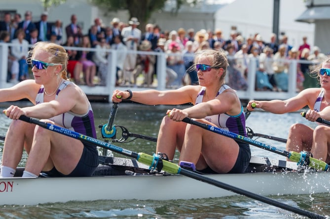 Violet Holbrow-Brooksbank centre drives for the line in her Wycliffe boat