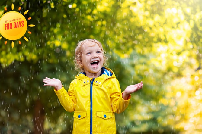 Kids play in autumn rain. Child playing outdoor on rainy day. Little boy catching rain drops under heavy shower. Fall storm in a park. Waterproof wear for kid. Children outdoors by any weather.; Shutterstock ID 2348061573; purchase_order: Dave White; job: VM - Rainy days; client: VM; other: 