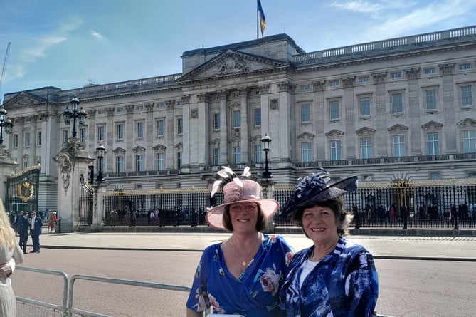 Rose Webb and sister Sue Singer outside Buckingham Palace Garden Party - May2024