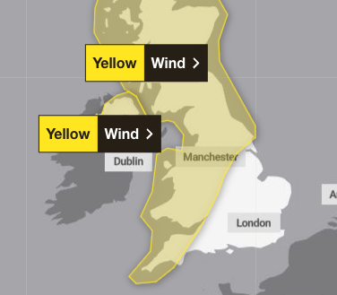 The warning will come into force from 6am on Sunday, February 23, anticipating winds of up to 70mph in some areas